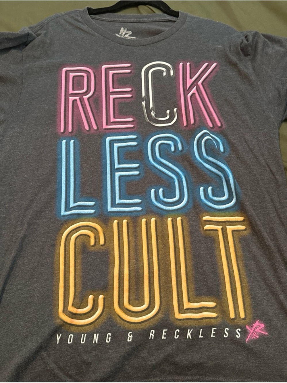 Young & Reckless Charcoal Tee with Pink, Blue & Gold Neon Graphic